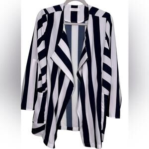 Elodie Navy Stripe Trendy Open Front Blazer Jacket Long Sleeve Size Medium